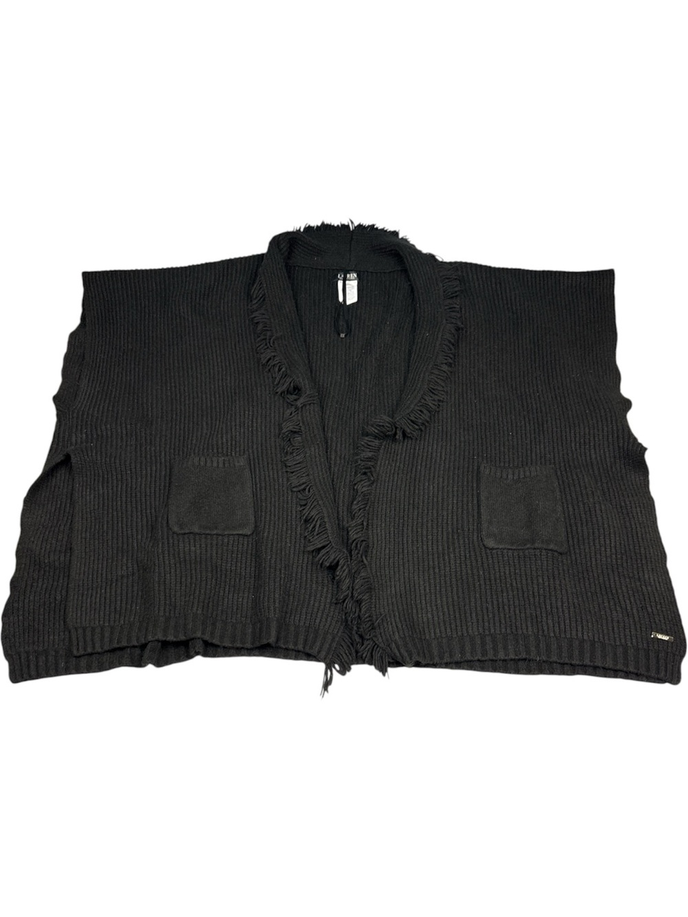 Lauren Ralph Lauren Women One Size Sweater Shawl Black Knit Fringe Collar Winter